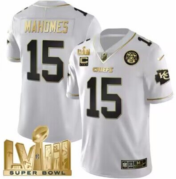 Men's Kansas City Chiefs #15 Patrick Mahomes White With Gold Super Bowl LVIII Patch And 4-Star C Patch Vapor Untouchable Limited Stitched Football Jersey Men's Kansas City Chiefs #15 Patrick Mahomes White With Gold Super Bowl LVIII Patch And 4-Star C Patch Vapor Untouchable Limited Stitched Football Jersey